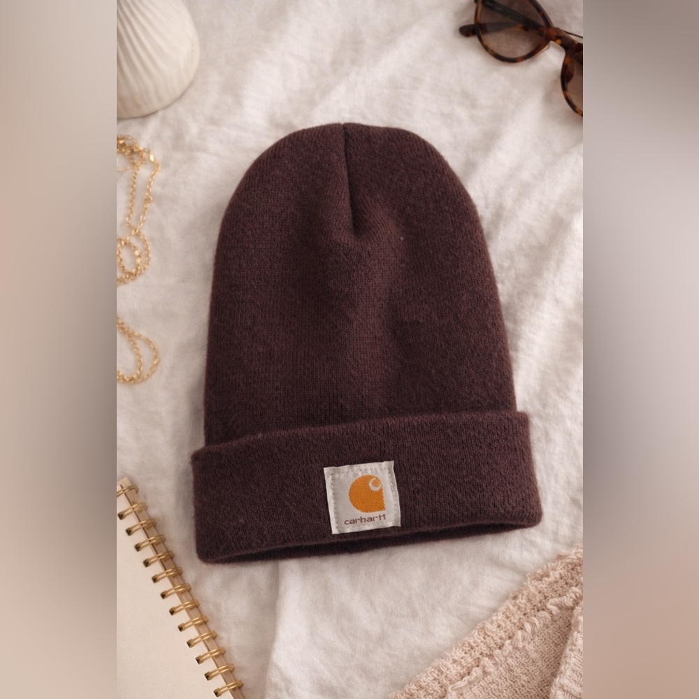 Carhartt Brown Burgundy Cuffed Beanie Hat Made in USA One Size - Picture 1 of 5